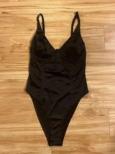 Black Deep V Neck Satin Bodysuit Size M