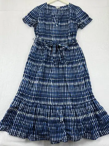 J Crew Blue White Tie Waist Maxi Dress Tiered Skirt Short Sleeve V Neck Size 6