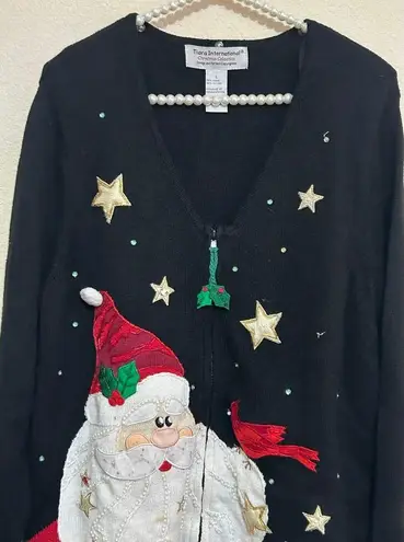 Tiara International Vintage Christmas Sweater Jacket Black Knit Full Zip