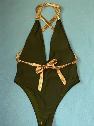 MERMAID SWIMWEAR deep V halter style low back high cut hips NEW size 2X Green