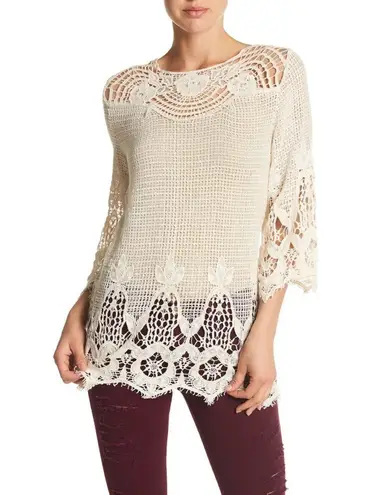 Forgotten Grace Gorgeous Crochet Bell Sleeve Natural Beige Tunic Size Small