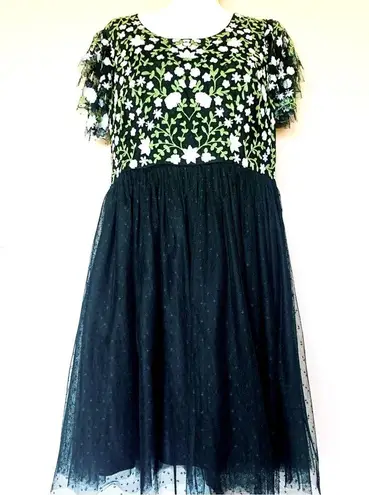 Jessakae Black Green & White Embroidered Floral Smocked Dotted Tulle Dress. Size 1X