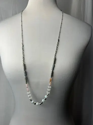 vintage long beaded silver necklace with pink and white beads