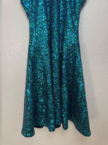 Dress the Population Teal Sequined Sequin Mini Halter Skater Dress size Small
