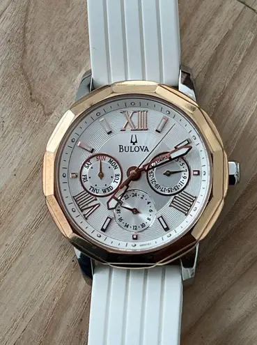 Bulova Ladies Chronograph Style Watch Silver Dial Rose Gold Case Date Dial