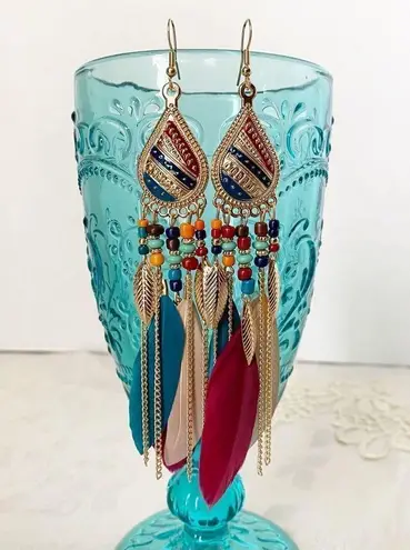 Long Bohemian Feather Chain Earrings Gold