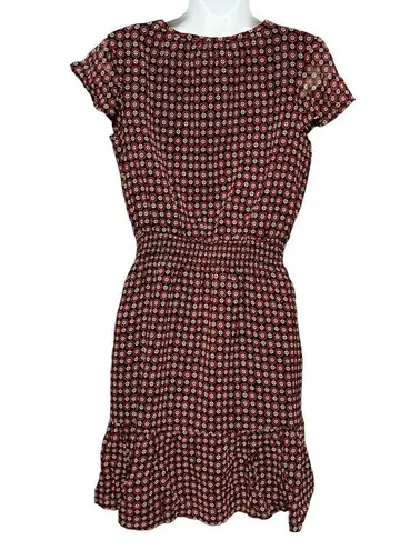 Dip Printed Flutter Sleeve Fit & Flare Dress Red Navy Fringe Tie Smock Waist XS Multiple