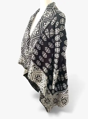 Elodie Intarsia Knit Aztec Waterfall Cardigan Sweater L Mohair Blend Black White