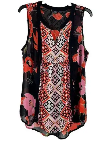 Signature Studio  Boho Sheer Tank Top Black Pink Mixed Pattern Crochet Size L