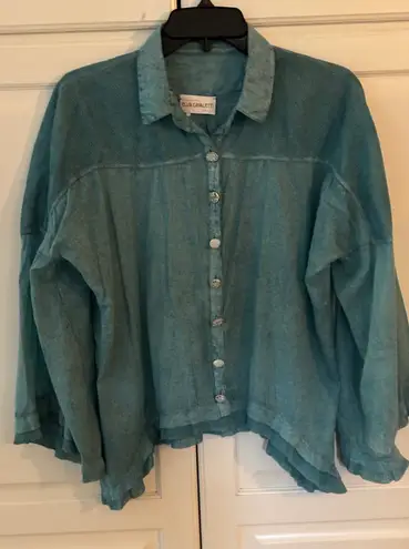 Womens Celia Cavaletti Teal Distressed Crochet Trim Button Up Shirt Top Green Size L