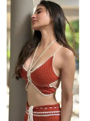 My Beachy Side Crochet Beaded Butterfly Halter Top Flame Womens M/L Red Size undefined