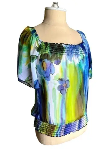 Wrapper Sheer Floral Blue & Green Watercolor Dreamy Flutter Sleeve Blouse XS