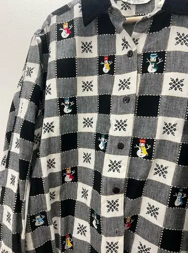 Vintage 90s Christmas Flannel Plaid Embroidered Button Down Sweater Size XL Black