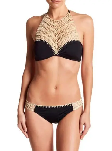 The Bikini Lab Crochet High Neck Bikini Set Top Bottoms Swim Black Hipster Halter
