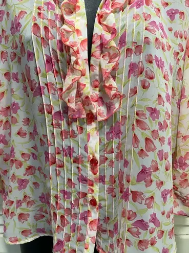 Byer Dress White/Pink/Green Floral Chiffon Pearl Button Up Blouse Size 12 Ruffle White
