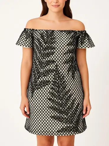 Hutch Off the Shoulder Cap Sleeve Dress – Black Mesh Leaf Overlay Size 6