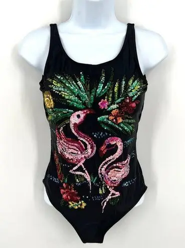 One Piece Y2K Michael Simon Black  Swimsuit with Sequin Flamingos Glitter Bling S