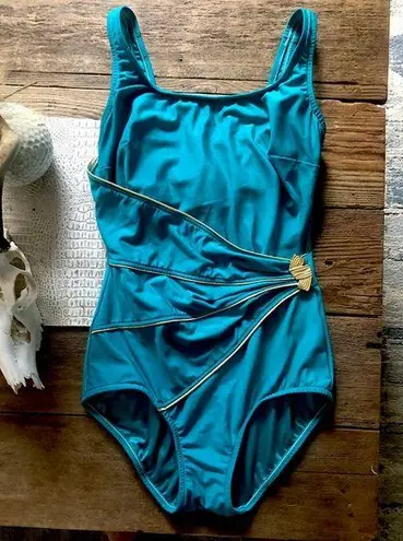 🔥ROXANN Blue and Gold One Piece Swimsuit with Asymmetrical Ruching Size 12