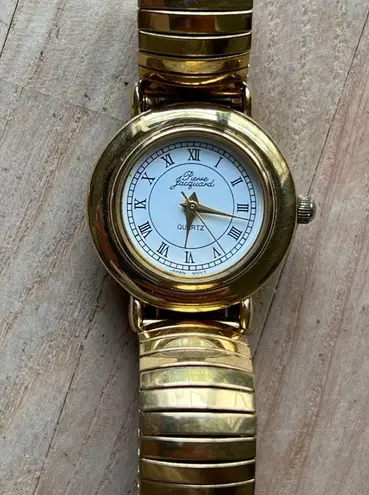 Pierre Jacquard Ladies Watch White Dial Gold Tone Stainless Stretch Bracelet