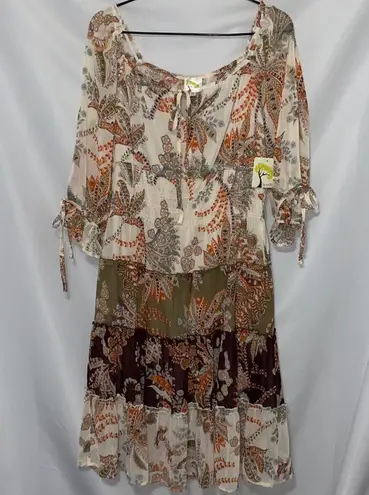 NWT Fig & Flower Floral Earthy Tones Dress size Medium Boho chic RUSCHED waist Orange