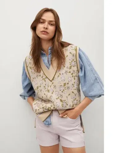 Mango MNG Cream Multicolor Floral Waistcoat Sleeveless Knit Sweater Vest Top M Size M