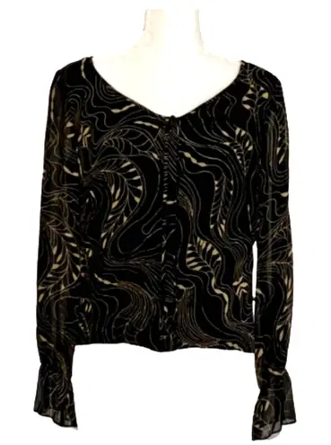 Maggy London Maggie London Top Blouse Silk Black Tan V-Neck Long Sleeve Dressy Top Size 8 NEW