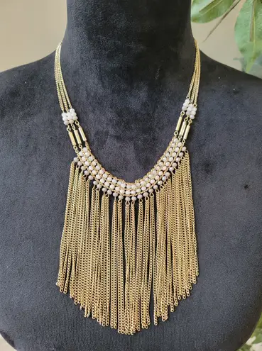Women's Gold Chain Fringe Necklace With White Beads And Lobster Clasp Lock