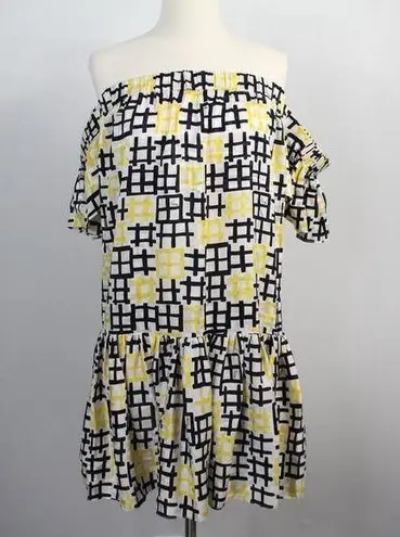 Milly Black White Yellow 100% Silk Off Shoulder Drop Waist SunDress Medium USA