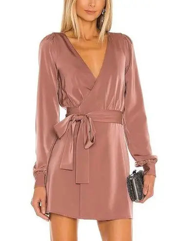 NBD  Mauve Wrap Mini Dress SMALL Satin Deep V Cocktail Quiet Luxury Janet NEW