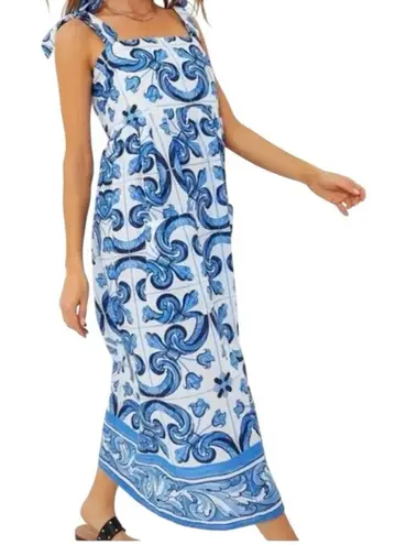 Tuckernuck NWT Majolica Tile Tie Shoulder Caftan Maxi Dress Sz Small Resortwear