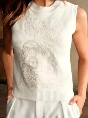 Anewsta Sweater Women Large White Gold Embroidered Floral Duck Knit Vest NWT