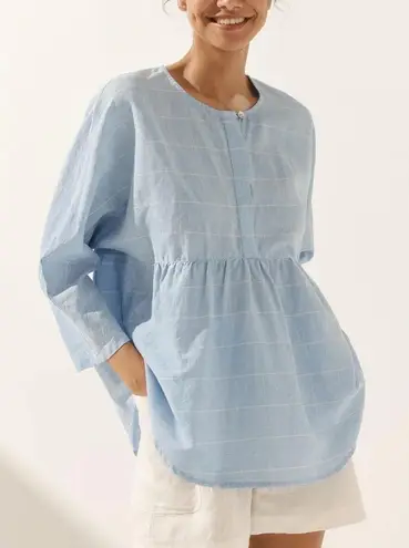 Lintico Blouse Womens Large Blue White Windowpane Plaid Linen Coastal Ethical