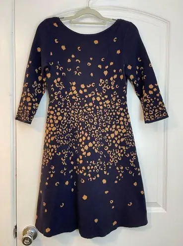 Maeve  Navy Leopard Print 3/4 Sleeve Mini Scoop Neck Sweater Dress XS