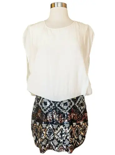 Cocktail Silk Dress Ivory Blouson Embellished Sequins Skirt Multimedia Large NWT