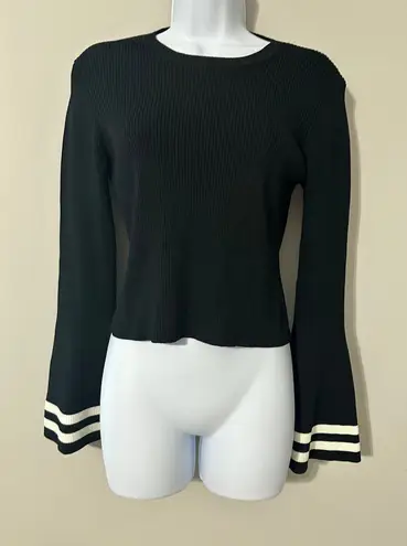 CAARA Black Ribbed Knit Bell Sleeve Sweater Slightly Cropped Top Size S
