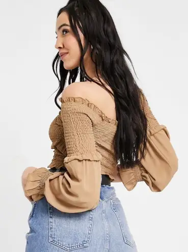 Parisian NWT Tall shirred crossover wrap crop top in taupe