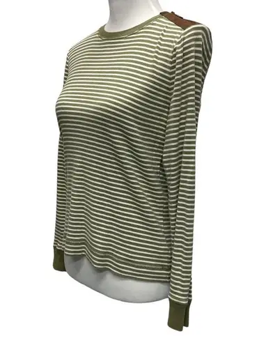 Lauren Ralph Lauren Green Cream Stripe Long Sleeve Tee Size M Faux Suede Patches Size M