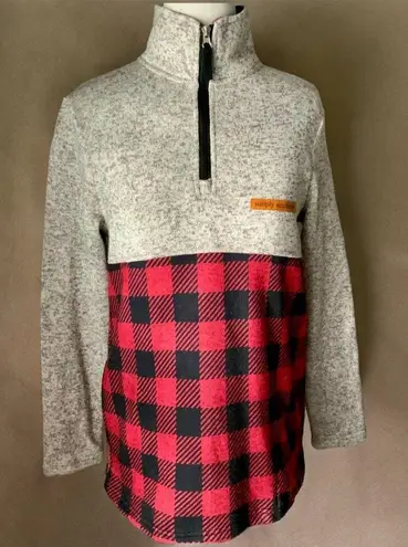 Simply Southern  Red Black Plaid Gray Quarter Zip Pullover Sweater Size Medium