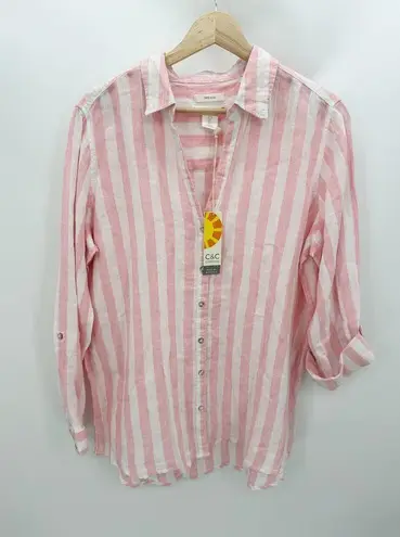 C&C California  Red White Striped 100% Linen Shirt Women's Size Large L NWT