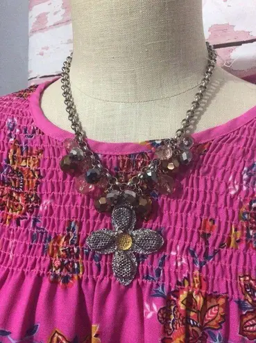 NWT New Bohemian Flower Beaded Necklace Silver & Gold Chunky Chain 20”