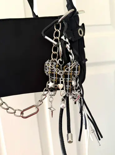 Black Nylon Silver Chain Shoulder Bag with Bow Charms