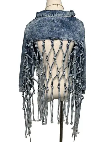 Thrill Jeans acid wash destroyed knotted fringe cropped denim jacket size M Size M