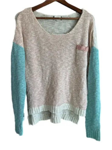 Fifty Street Colorblock Sweater Pink Teal Cream Knit Pocket Size L