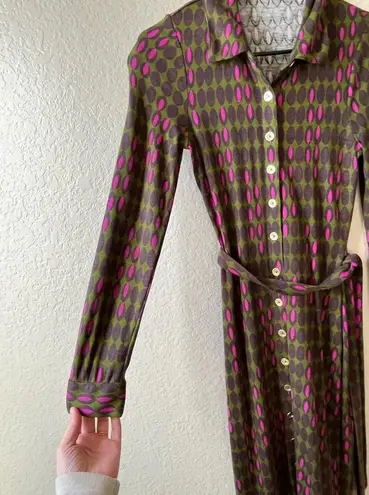 Boden button up shirt dress 70s long sleeve belted indie printed teacher career Green Size 2