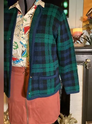 kim rogers Vintage Plaid Navy Green Black 90’s Dark Academia Pockets Gold Buttons Cardigan