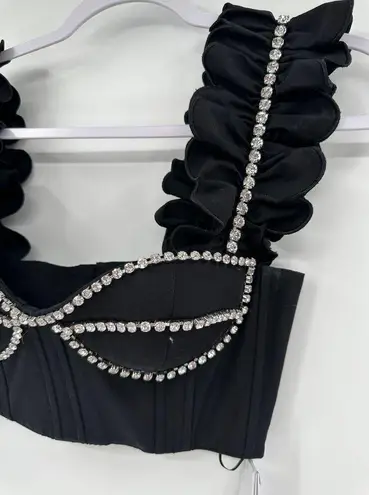 AREA Crystal Embellished Ruffle Bustier Top in Black Size 4 NWT