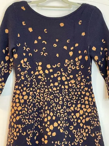 Maeve  Navy Leopard Print 3/4 Sleeve Mini Scoop Neck Sweater Dress XS