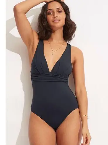Seafolly Collective True Navy Cross Back V-Neck One Piece Swimsuit Size 14