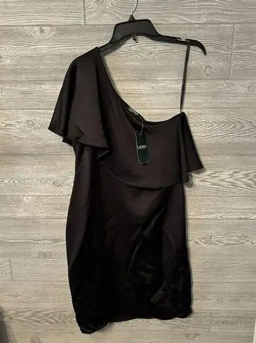 Ralph Lauren one shoulder  black satin DRESS capelet ruffle size 8 New