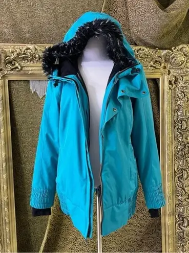 Obermeyer  Eden Jacket Ski Coat Sz 10 Teal Thumb Holes Snowboard Fur Hood